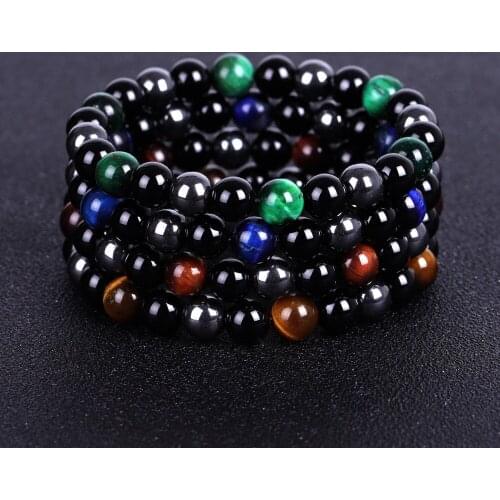 Natural Stone Strand Bracelet Round Ball Energy Bracelet Tiger Eye Black Agates Hematite Reiki Healing Beaded Bracelets Male Men