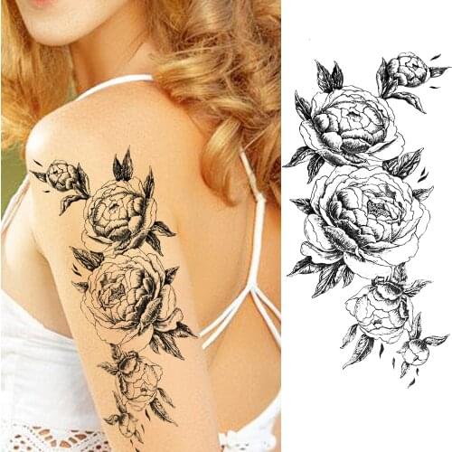 Black Flower Temporary Tattoo Sticker For Women Fashion Body Art Drawing Arm Wasit Tatoo Waterproof Beauty Fake Rose Tatoo Decal