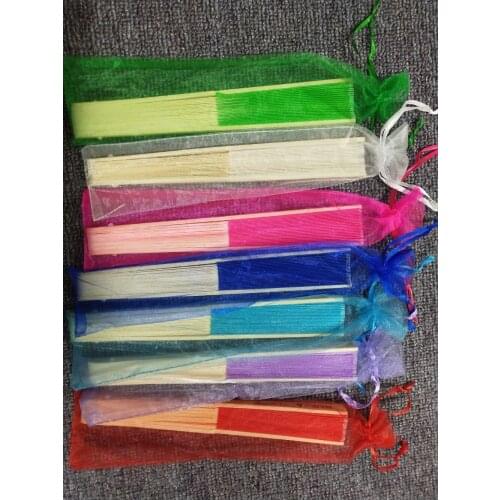 DHL 100pcs/lot personalized silk hand fan silk wedding fan with organza gift bag packing