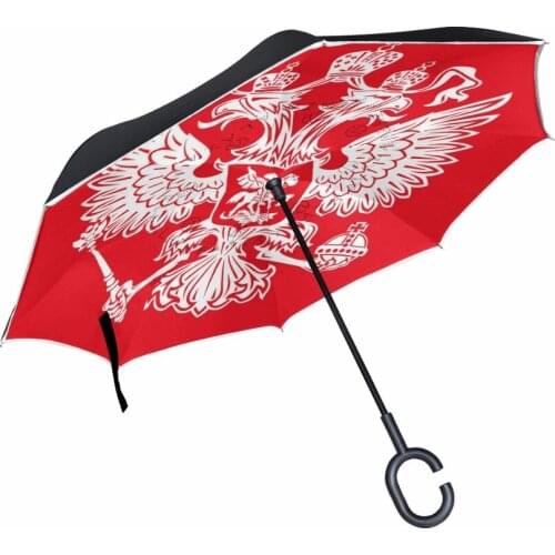 Drop Shipping Windproof Double Layer Reverse Umbrella Russia Flag Printed Cars Long C-Handle Women Rain Inverted Umbrella