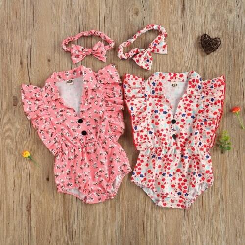 Baby Girls Two-Piece Suit, Flower Print Flying Sleeve Romper and Headwear for Birthday Party Photography