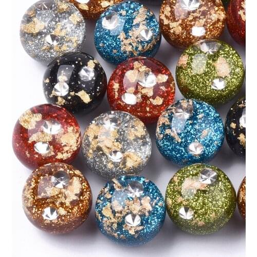 5pcs Half Drilled Round Resin Beads 20mm with Rhinestone & Glitter Powder & Gold Foil,Mixed Color,Half Hole: 1.2mm F65