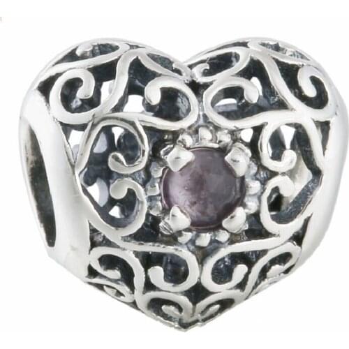Fit Pandora Charms Bracelet February Birthstone Purple Crystal 925 Sterling Silver Openwork Heart Charms Women Jewelry BBD323