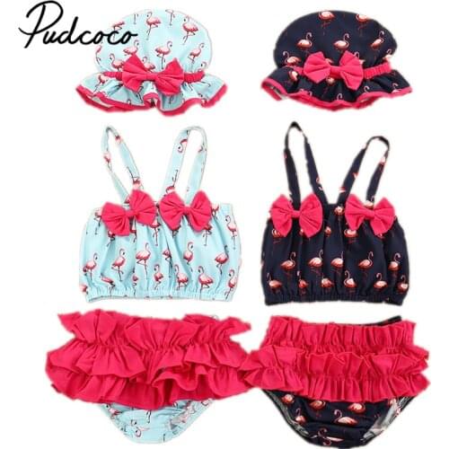 Newborn Infant Baby Girl 3 Piece Swimsuit, Flamingo Printed Sling Bow Camisole Ruffled Hipster Infants Swimming Hat