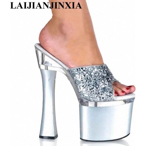 LAIJIANJINXIA 7 Inch High-Heeled Slippers New Selling Cheap 18cm Sexy Fashion Glitter With Summer Slippers Thick Heel Shoes