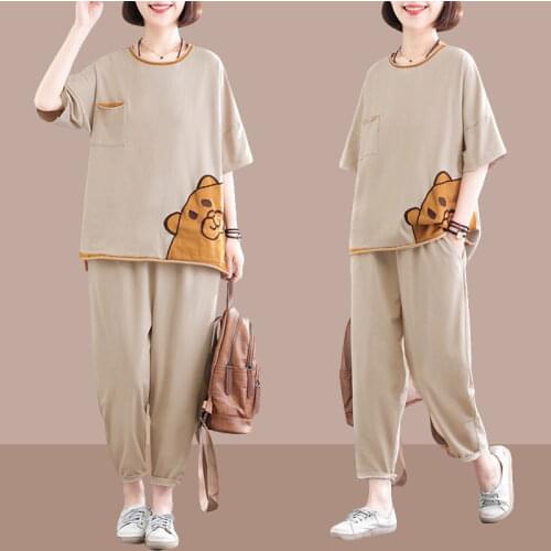 2021 Cotton Summer Plus Size Casual Two-piece Fashion Cartoon Printed T-shirt and Pants Suits 2 Piece Sets Womens Outfits X103
