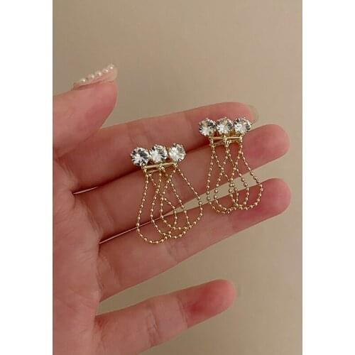 Lifefontier 18K Real Gold Plated Zircon Drop Earrings for Women Rhinestone Metal Beads Chains Tassel Hanging Earrings Jewelry