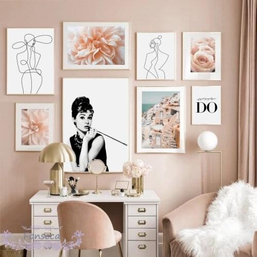Fashion Lady Hepburn Pink-Orange Flower Canvas Painting Abstract Nordic Girl Body Line Posters and Prints Wall Art Pictures