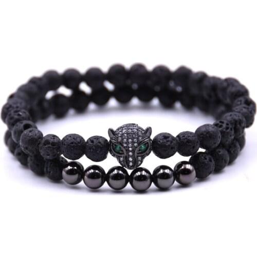 2 Pieces/Set Of New Bracelets Tide Micro-Dense Micro-Inlaid Leopard Head Mens Charm Bracelet 8MM Natural Lava Stone Head