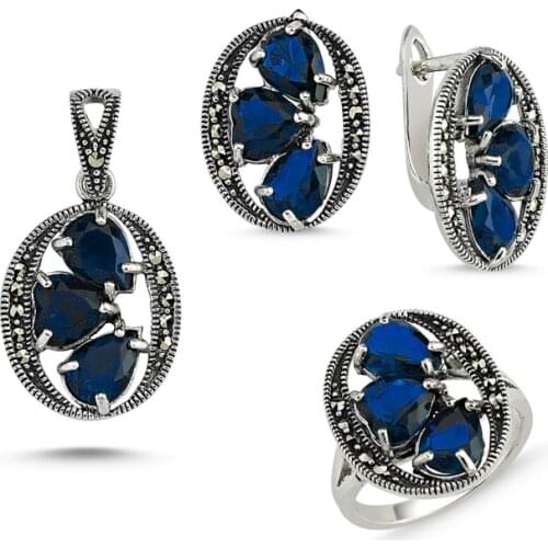 Silver 925 Sterling Marcasite Pendant Earring & Ring Set