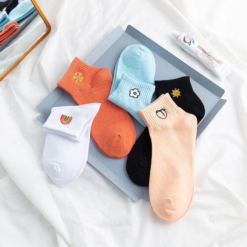 Rainbow Socks Cute Harajuku Funny Socks White Cotton Women Short Socks Set Kawaii Ankle Socks Cartoons Peach Pink 1 Pair