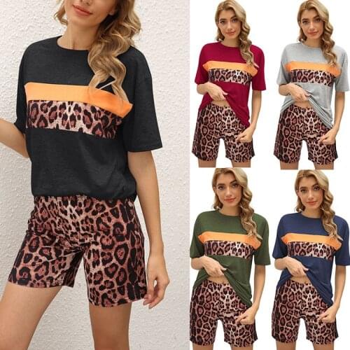 New spring and summer Amazon Europe and America Leopard color matching loose casual T-shirt tights suit home service women