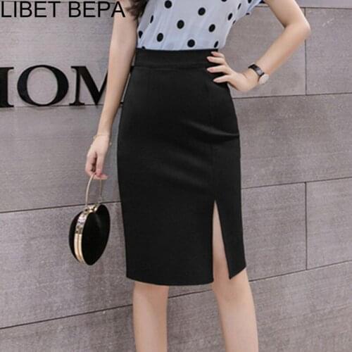 New 2021 Spring Summer Women Skirt Office Ladies Vintage Spilt Elastic Package Hip Bodycon Solid High Waist Midi Skirt SK5928