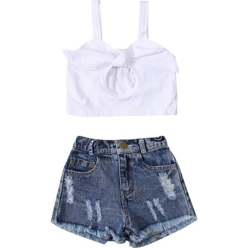 New 2Pcs Little Girls Outfit, Toddlers Solid Color Hollow Knotted Sleeveless Suspender Tops + Rough Selvedge Ripped Denim Shorts