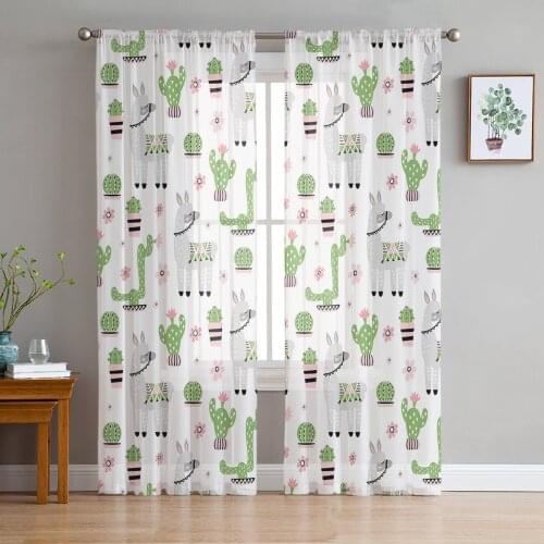 Animal Alpaca Cactus Green Sheer Curtains for Living Room Bedroom Kitchen Chiffon Tulle Curtains Home Hotel Coffee Decor