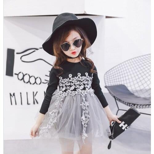 Christmas Kids Dress for Girl Children Long Sleeve Knit Splice Voile Lace Vestidos Baby Girl Party Fluffy Wedding Gown Dresses