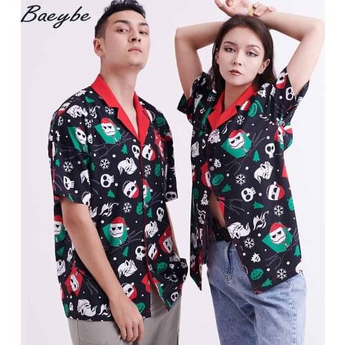 2021 Cascual Shirt Official Original Collared Skull Print Shirts Red Christmas Hat Pattern Oversize Top Unisex Couple Streetwear