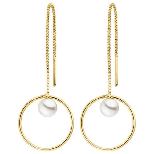 New Arrival Grace Stainless Steel Belle Pearl Circle Earrings Waterproof and Hypoallergenic Long Chain Earring as Gift