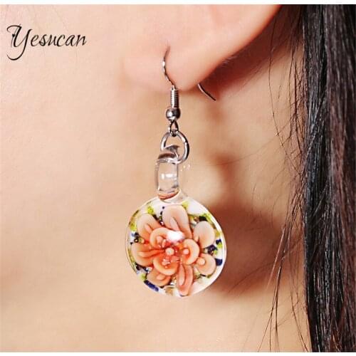Yesucan Hot Murano Dried Flower Glass Ball Water Drop Earrings for Women Creative Plant Charm Dangle Jewelry Bijoux Friend Gift