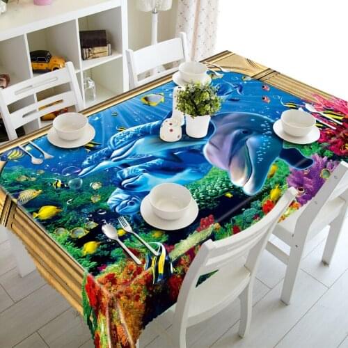 3D Tablecloth Underwater World Dolphins Turtles Christmas Washable Cloth Thicken Rectangular and Round Wedding Table Cloth