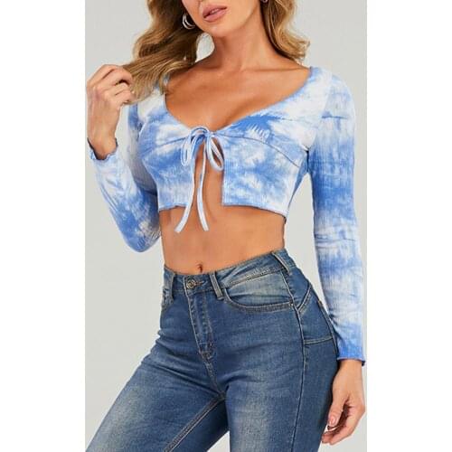 Crop Top Tie-dye Skin-friendly Women Sexy Knitted V Neck Shirt for Spring Summer