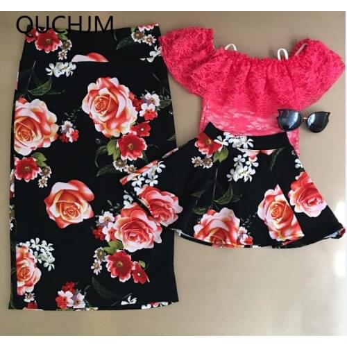 Mother And Daughter floral print mother daughter skirt Flower Skirt Baby Girls Red Rose Skirts Kids And Parents Summer Skirt
