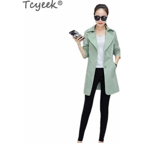 Tcyeek Womens Korean Style Slim Fit Coats 2020 Fashion Female Outerwear Windbreaker Ladies Elegant Long Coat Casual Tops LWL504