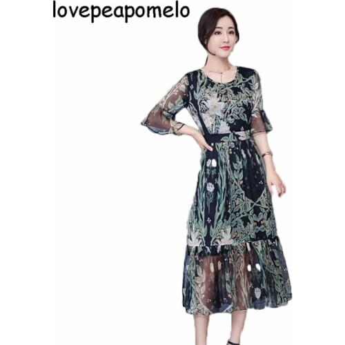 New Summer Dress Big Size Women Dress Vitage Print Floral Dress Spring Autumn Flare Sleeve Female Dress Large Size Lace DressBD9