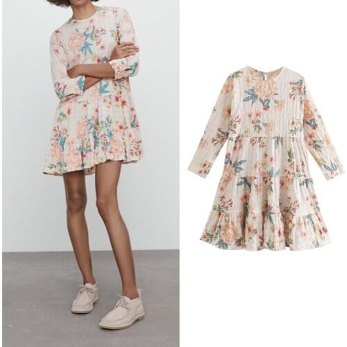 Women Za Fashion Spring Flower Print Ruffle Trim Pleated Mini Dress Three Quater O Neck Vintage 2021 Dresses Female Vestidos