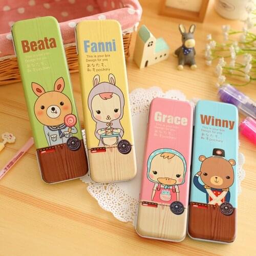 1PCS Cute Animal Meatl Pencil Case For Pen Stationery Storage Box Kids School Supplies Simple Kawaii Pig Rabbit Pencil Case