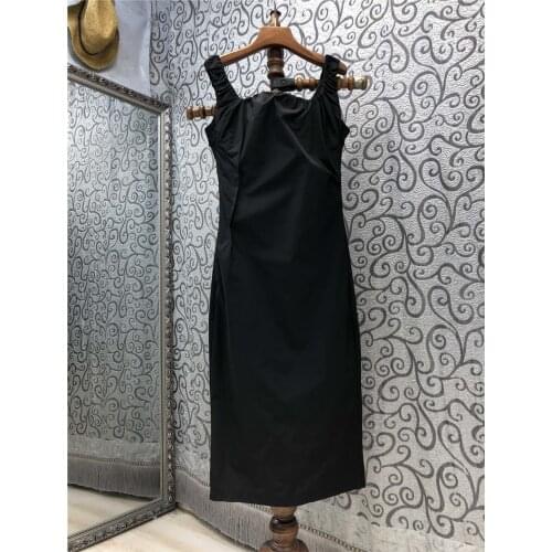 2021 Summer Fashion Black Dress High Quality Women Spaghetti Strap Pleated Deco Sleeveless Midi Party Bodycon Dress Sexy Club