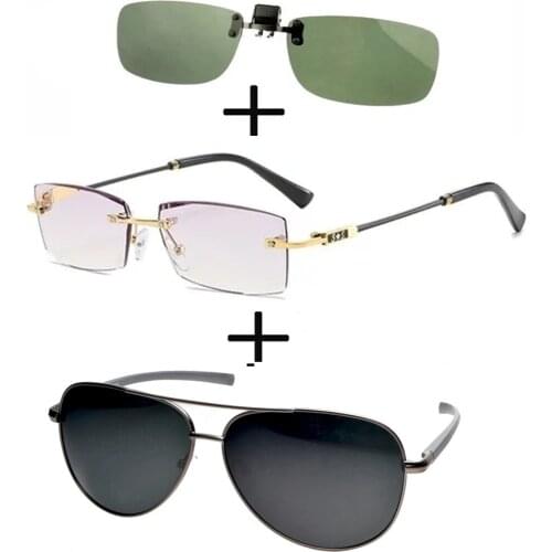 3Pcs!!! Rimless Frameless Luxury Reading Glasses for Men Women + Alloy Polarized Sunglasses Luxury + Sunglasses Clip