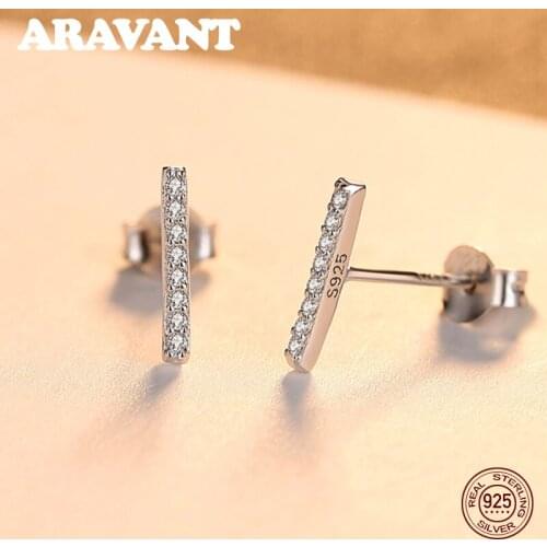 925 Sterling Silver Simple Design Shining Tiny Zircon Stud Earring For Women Geometry Earrings Brand Jewelry Carving 925
