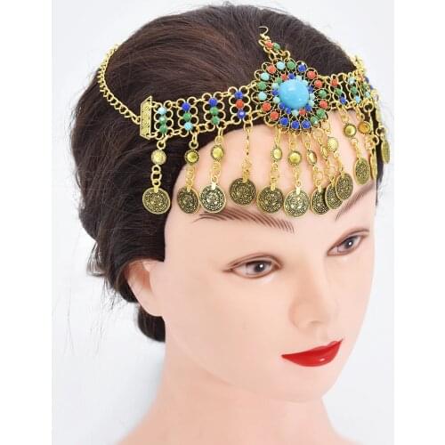 Afghan Gypsy Lady Retro Color Bead Coin Tassel Head Chain Boho Style Belly Dance Costume Hair Accessories Indian Jhumka Jewelry