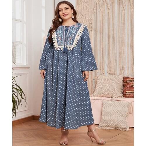 Aligaia Plus Size Fashion Polka Dot Printing Embroidery Dress For Women 2021 Dubai Turkey Islam Arabic Long Dress Abayas Dresses