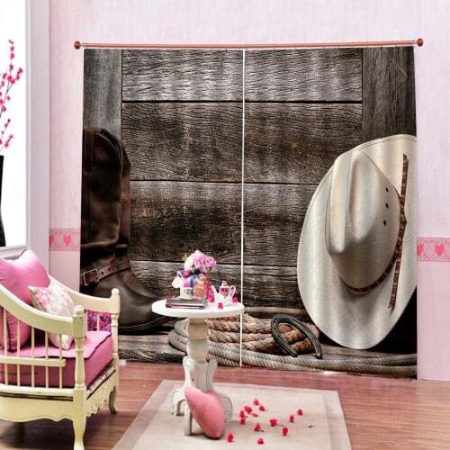 American West Cowboy Hat with Authentic Leather Boots on Wooden Shower Curtain Living Room Bedroom Kitchen Blackout Curtinas