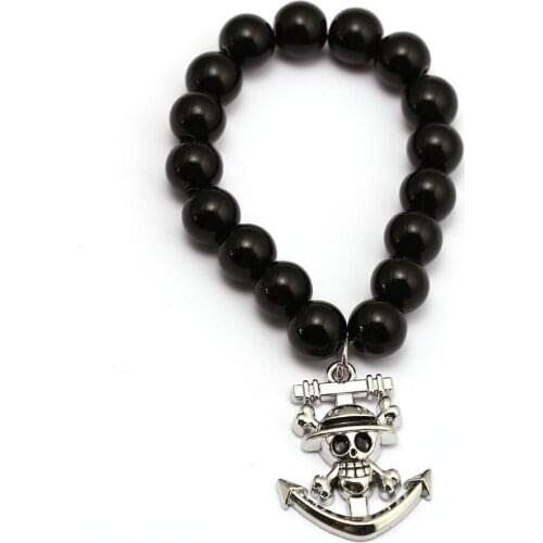 Anime ONE PIECE Bracelets Luffy Charm Handmade Natural Black Onyx Beads Bracelet Men Women Bangle Jewelry Accessories