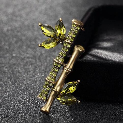 Antique Gold Vintage Brooches For Women Bamboo Zircon Brooch Pin Crystal Rhinestone Plant Shaped Garment Unisex bijoux