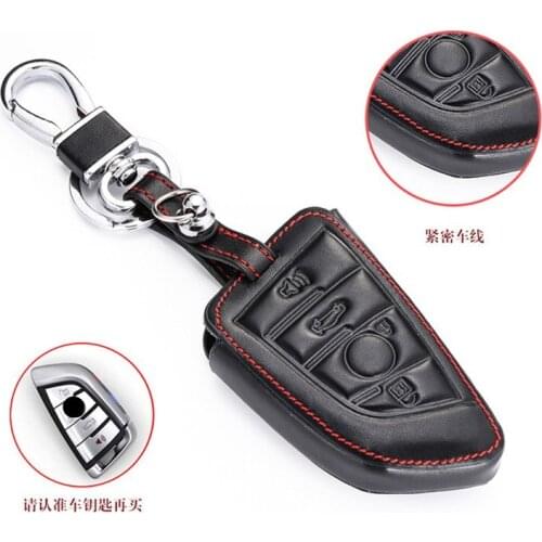 Leather Car Key Case Holder For BMW X1 X5 X6 5 Series G30 G38 4 Buttons Smart Remote Fob Cover Keychain Protect Bag Auto