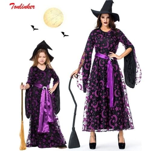 Halloween Children Witch Cosplay Costumes Girls Adult Purple Star And Moon Print Dress Festival Performance Parent-child Costume
