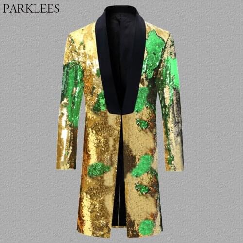 Long Gold Flipping Sequin Blazer Jacket Men Nightclub Prom Blazers Mens DJ Stage Clothes for Singers Rock and Roll Costumes 5XL