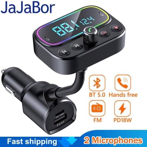 JaJaBor FM Transmitter Car Bluetooth 5.0 Handsfree Voice Assistant Car MP3 Player AUX Audio Receiver 2 Microphones FM Modulator