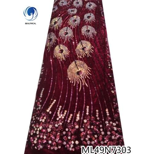 BEAUTIFICAL african velvet lace fabrics 5 yards embroidery sequince french lace fabric ML49N73