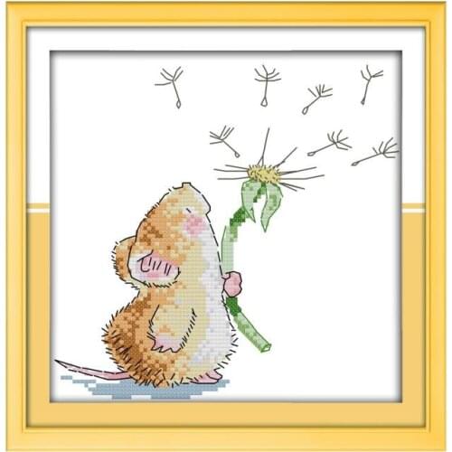 2020 New Mini cute little mouse with dandelion 14CT 11CT white cloth embroidery cross stitch kit little mouse decorative figure