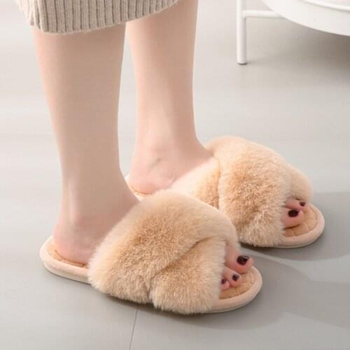 New Women Fur Cross Slippers House Luxury Winter Soft Flat Shoes Ladies Open Toe Shoes Non-slip Indoor Women Fluffy Slippers