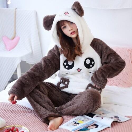 JULYS SONG Cute Winter Flannel Animal Pajamas Set Womens Sleepwear Thick Plush Cartoon Soft Cute Girl Plus Velvet Homewear
