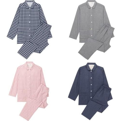 Unisex Spring Autumn Couples Pajamas Set Full Sleeve Cotton Top Trousers Basic Style Men Plaid Sleepwear Button Loungewear