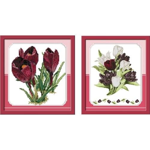 Joy Sunday Purple Tulip Cross Stitch Kit Embroidery Needlework Patterns Stamped 11CT 14CT Printed Thread Counted Fabric Gift Set