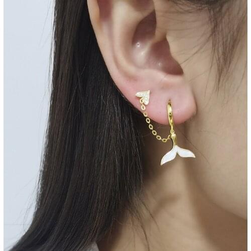 Romantic Mermaid Tail Tassel Drop Earrings For Women Micro Crystal Chain Two Hole Piercing Earring Stud Accessories For Lady