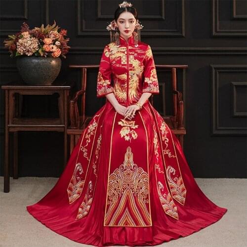 FZSLCYIYI Classic Mandarin Collar Cheongsam Marriage Suit Embroidery Phoenix Chinese Wedding Dress Traditional Qipao Vestidos